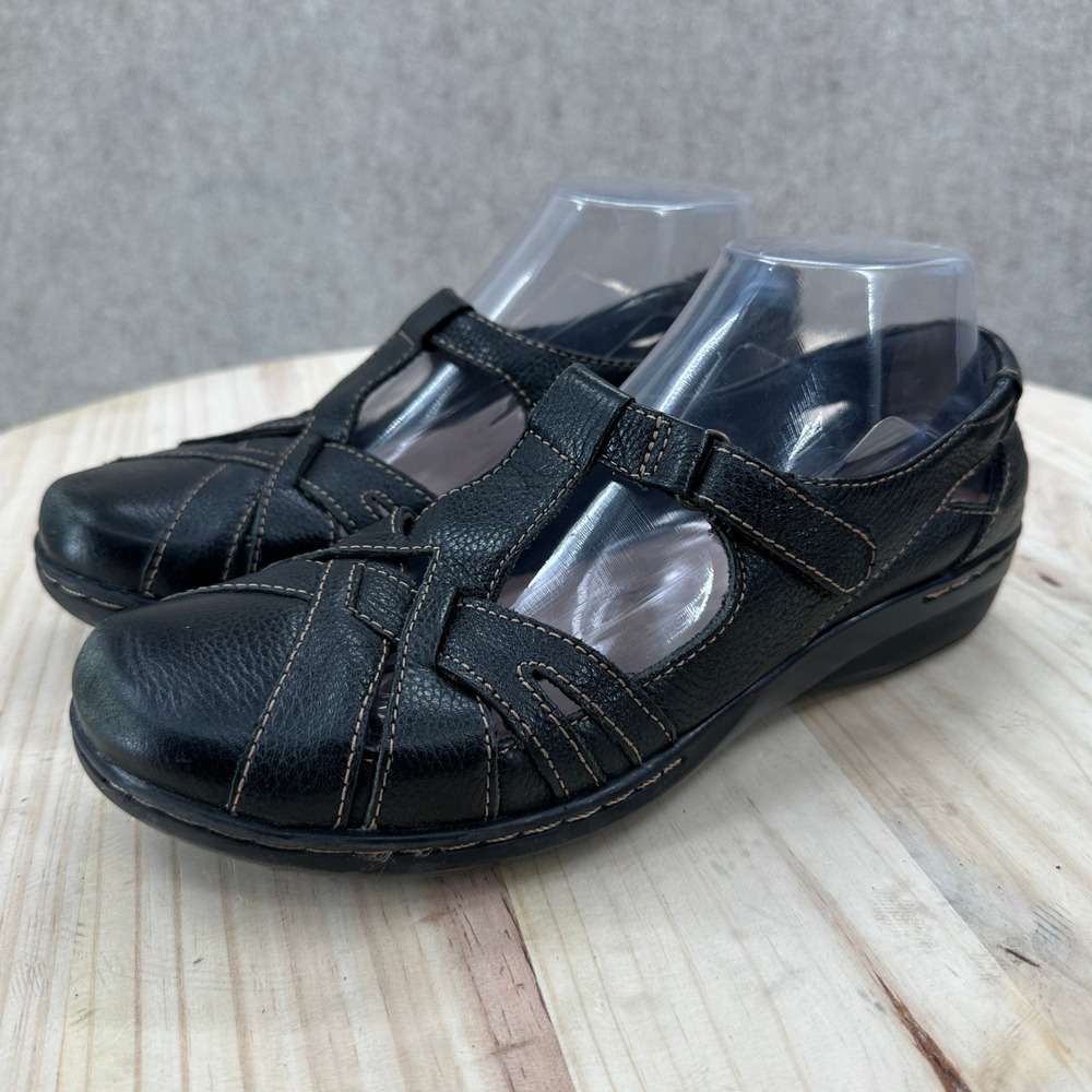 Clarks Nikki Hub Black Leather Caged Mary Jane Shoes Strappy Flats 9W